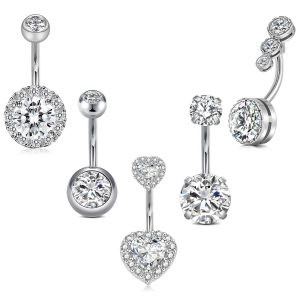 Stainless Steel Heart Navel Ring with Copper Inlaid Zircon - Rose Gold Belly Button Jewelry