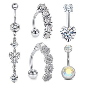 Plum Blossom Stainless Steel Navel Ring Set - 5-Piece Belly Button Rings Body Piercing Jewelry