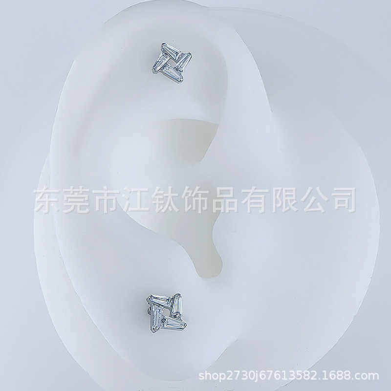G23 Titanium Ear Stud Earring Square Hollow Inlaid Zircon Gold Body Piercing Jewelry - Image 2