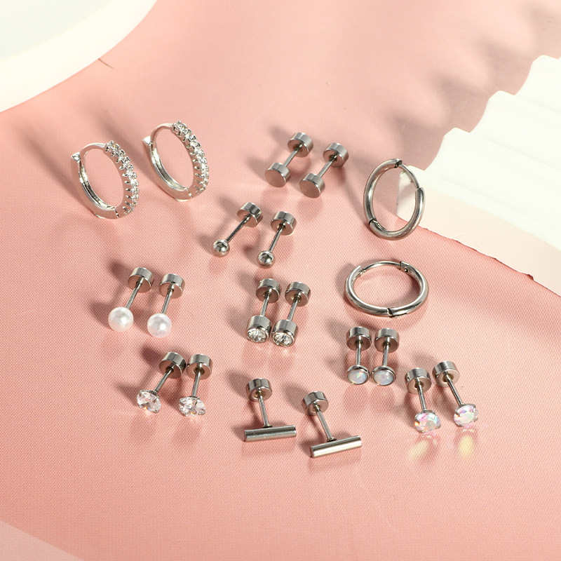 2024 Fashion Stainless Steel Round Zircon Earring Set Gold Flower Geometric Ear Jewelry - Image 4