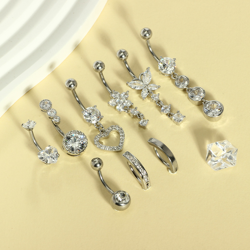 9 Pieces Stainless Steel Belly Button Ring Set Copper Inlaid Zircon Water Drop Heart Shaped Belly Piercing Jewelry - Image 4
