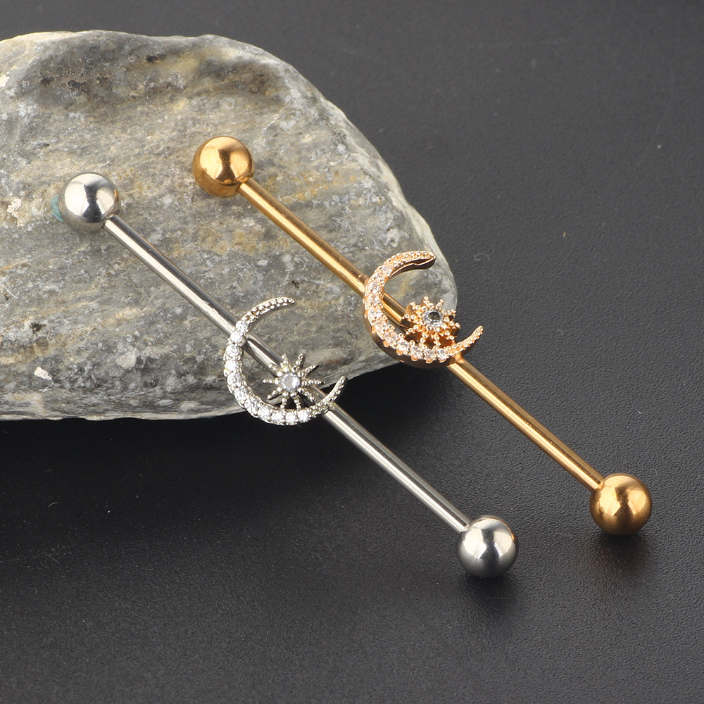 Long Row Diamond Moon Star Industrial Earring - Rose Gold Stainless Steel Cartilage Stud Ear Piercing Jewelry - Image 3