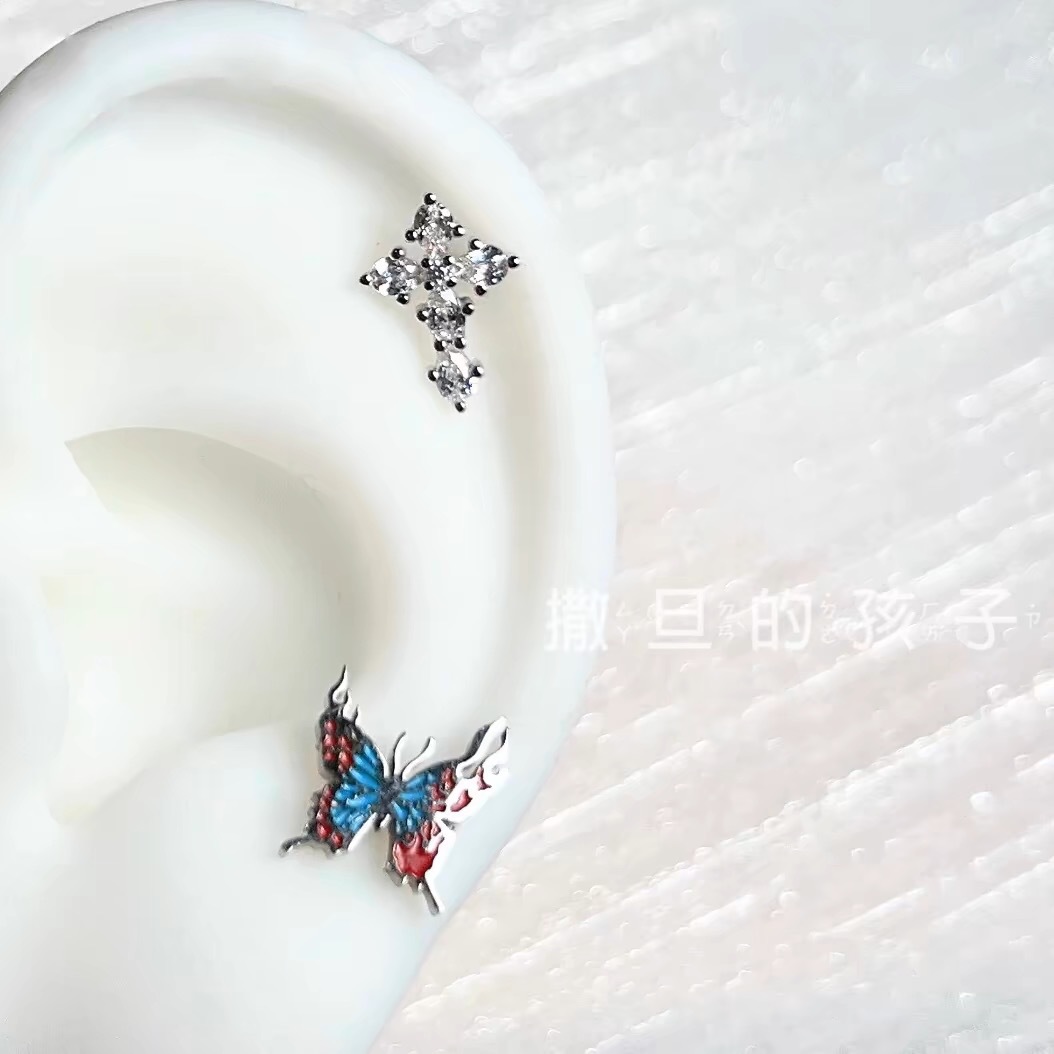 Rebirth Butterfly Ear Bone Stud Titanium Steel Screw Ball Earring - Cold Wind Earth Waste Style - Image 2