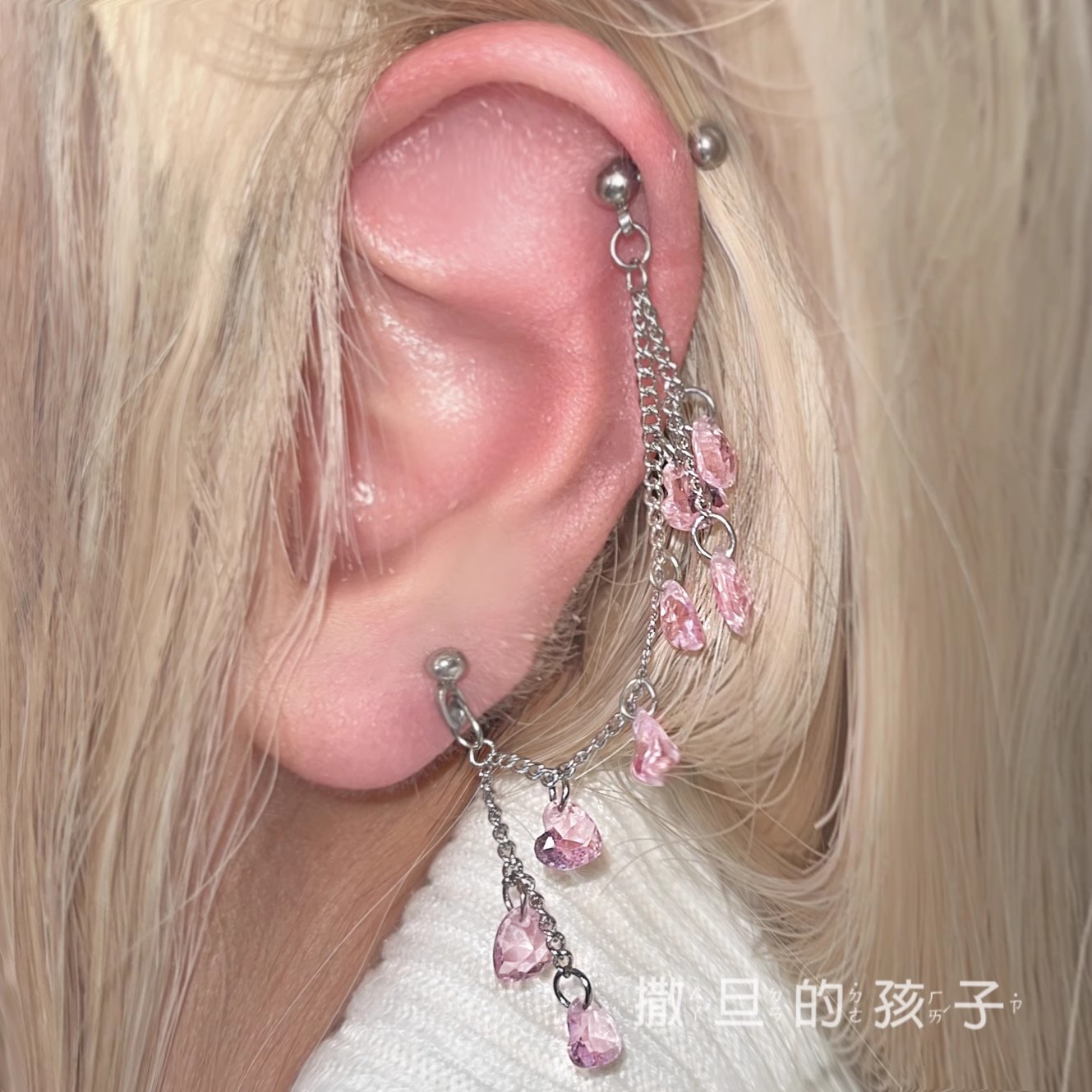 Love Heart Zircon Chain Double Ear Bone Earrings Titanium Steel Sweet Cool Style Earrings - Image 4
