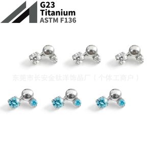 G23 Titanium 7-Shaped Round Zirconia Ear Studs, Bezel-Set Lip Studs, Nose Studs, Ear Cartilage Studs