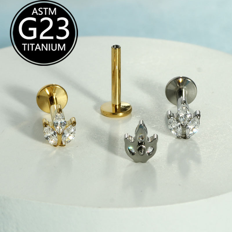 F136 Titanium Lip Stud with Lightning Flower Design and Zircon Inlay - Image 4