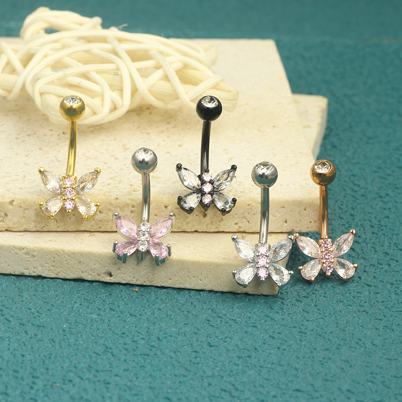 Pink Butterfly Navel Ring 16G Stainless Steel Belly Button Jewelry Heart Shape Four Colors - Image 2