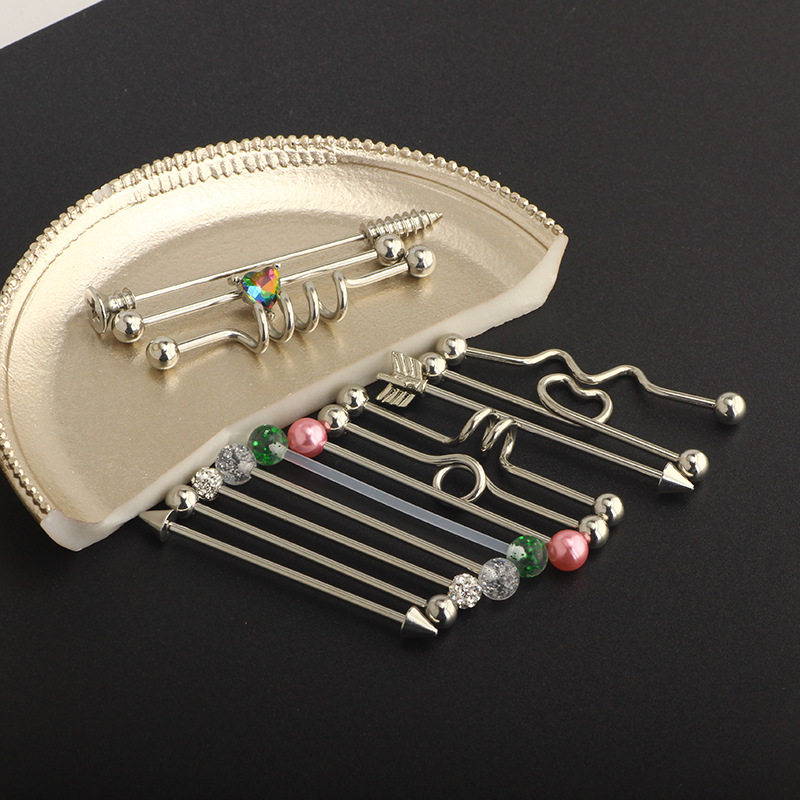 14Pcs Heart Cactus Industrial Barbell Earring Set Stainless Steel Bridge Ear Studs - Image 5