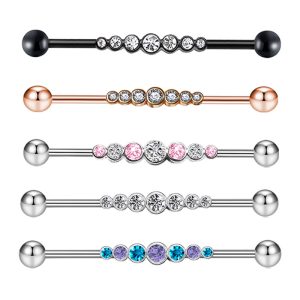 14G External Thread Industrial Barbell Earrings - 7-Drill Zircon Ear Bridge Double Hole Straight Rod for Piercing