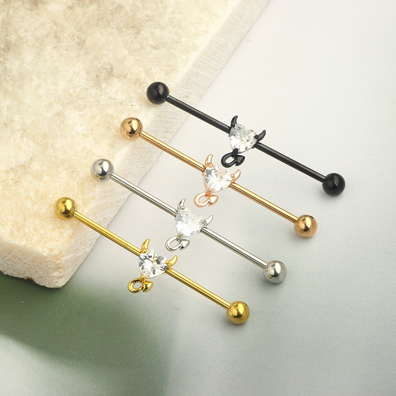 Heart Shaped CZ Stainless Steel Long Bar Earrings for Cartilage and Ear Lobe Piercing - Image 2