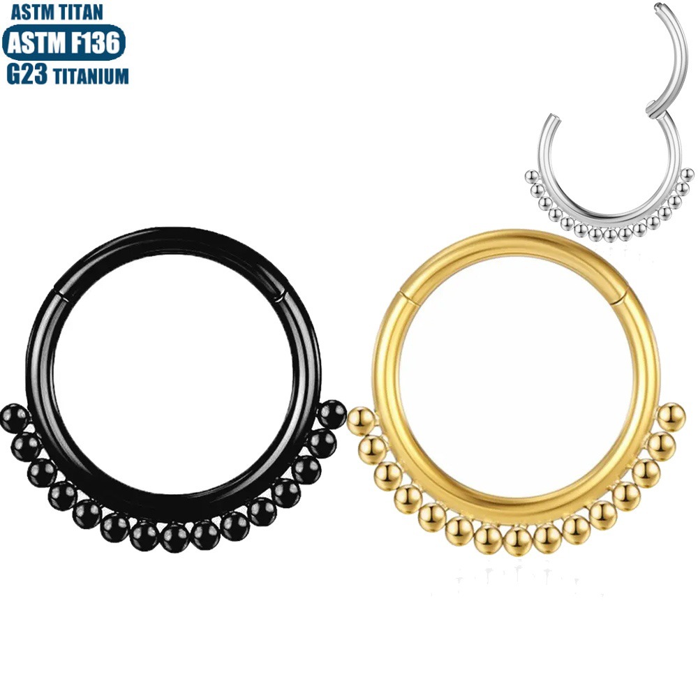 F136 Titanium Nose Ring with External Bead Cluster Seamless Hinge Ear Cartilage Septum Earring - Image 2