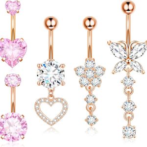 Amazon Hot Pink 5-Piece Set Stainless Steel Zircon Belly Button Ring Nail Rose Gold Love Combination