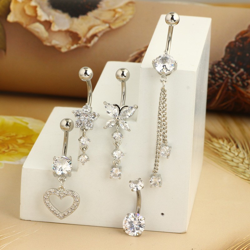 Heart-Shaped Navel Ring Zircon Belly Button Ring 5-Piece Set Body Piercing Jewelry - Image 3
