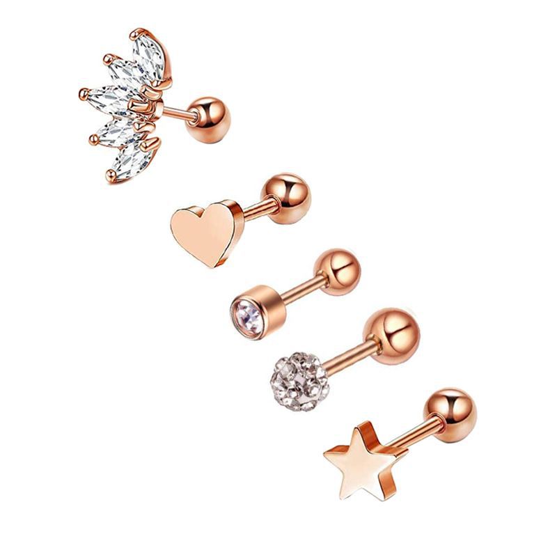 5-Piece Geometric Stainless Steel Zircon Earrings Set - Silver Twisted Studs for Women Men - Image 2