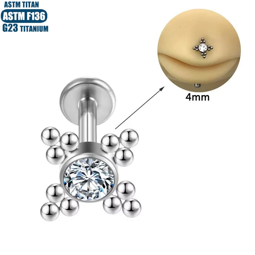 F136 Titanium Alloy Lip Ring Internally Threaded Zircon Bead Cluster Lip Stud Piercing Earrings - Image 3