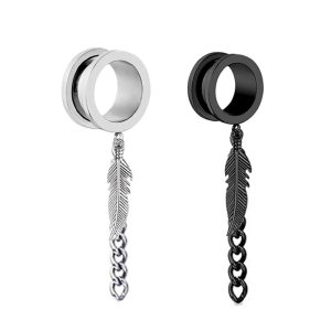 Screw Leaf Chain Pendant Ear Expander 316L Surgical Steel Black 25mm Ear Plug Piercing Jewelry
