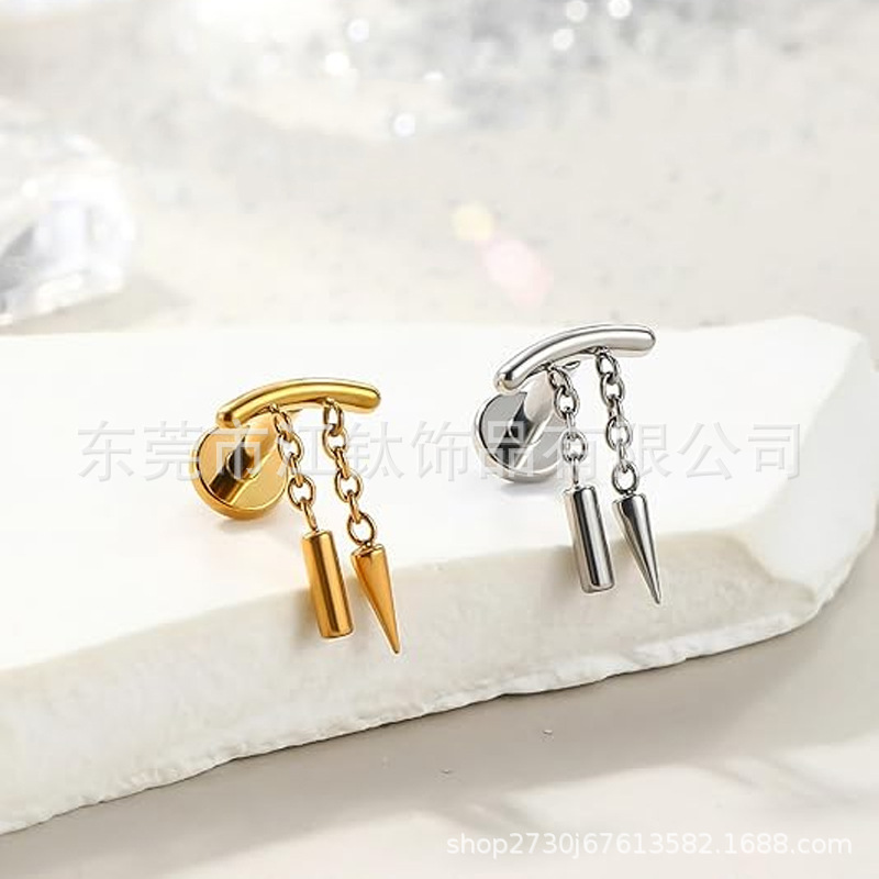 G23 Titanium Earring Pendant Pointed Cone Chain - Polished Ear Stud for Men Women Body Piercing - Image 2