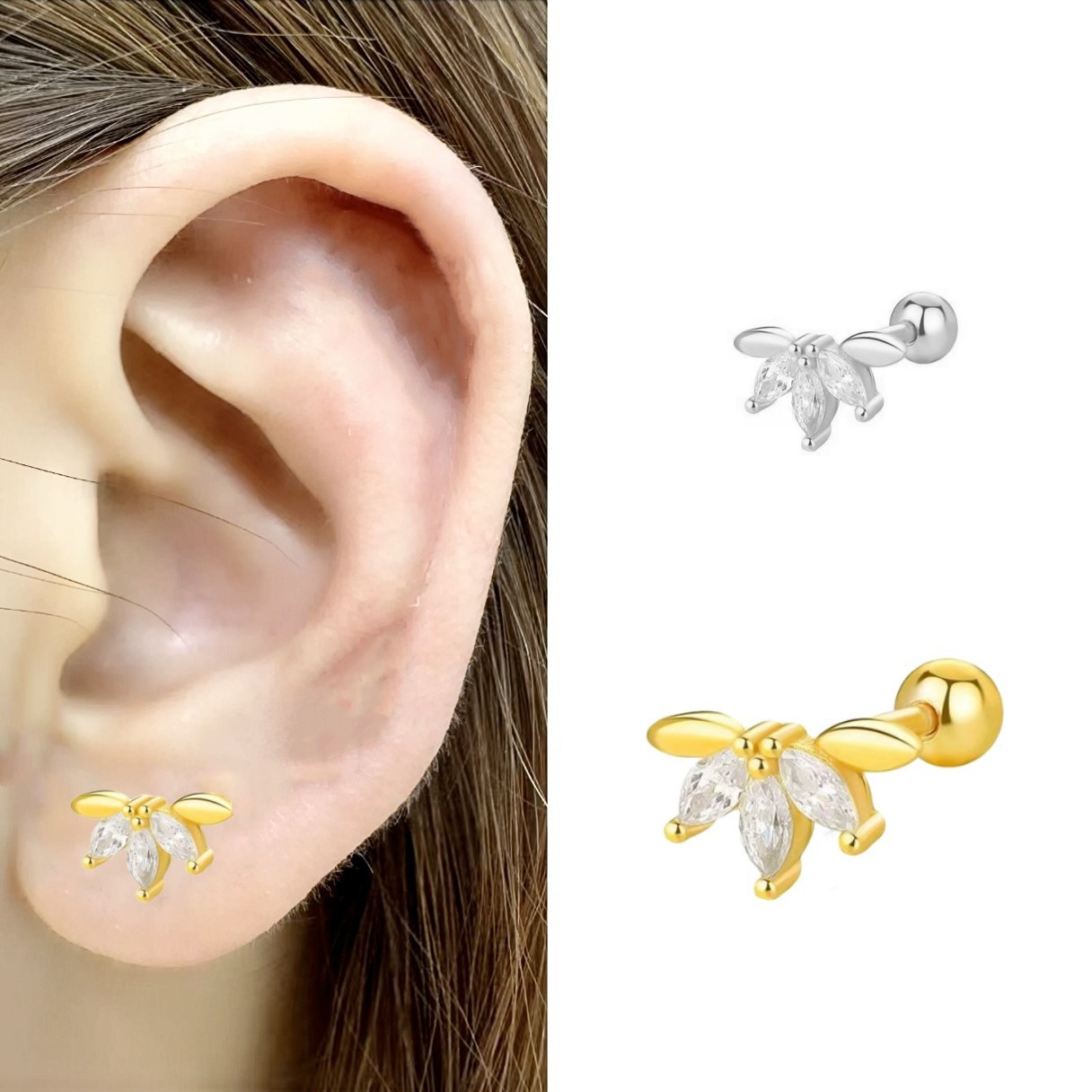 Cross-Border Hot-Selling Ear Bone Nails Real Gold 18K Marquise Geometric Diamond Cartilage Threaded Piercing Small Versatile Earrings - Image 4