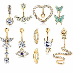 Rose Gold Stainless Steel Inlaid Zircon Belly Button Ring Love Full Diamond Belly Nail Butterfly Piercing Jewelry 10-Piece Set