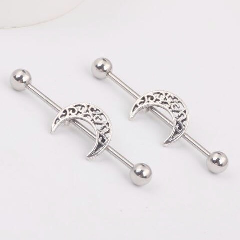 Hollow Moon Industrial Ear Stud Tongue Nail Piercing Ear Expansion Jewelry 316L Surgical Steel - Image 2