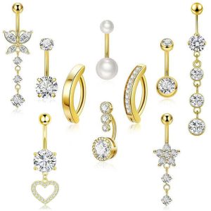 10-Piece Butterfly Belly Button Ring Set, Zircon Butterfly Long Belly Ring, Body Piercing Jewelry, Stainless Steel, Pink