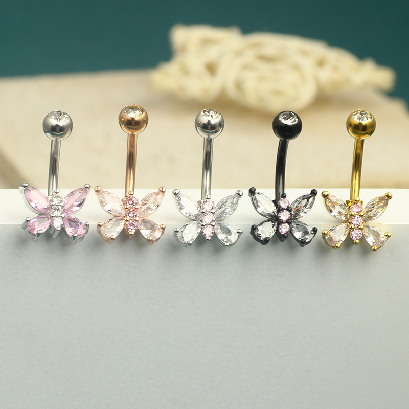 Pink Butterfly Navel Ring 16G Stainless Steel Belly Button Jewelry Heart Shape Four Colors - Image 5