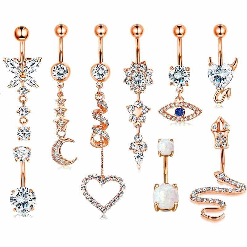 Rose Gold Belly Button Ring Set 9Pcs Stainless Steel Body Piercing Jewelry - Image 2