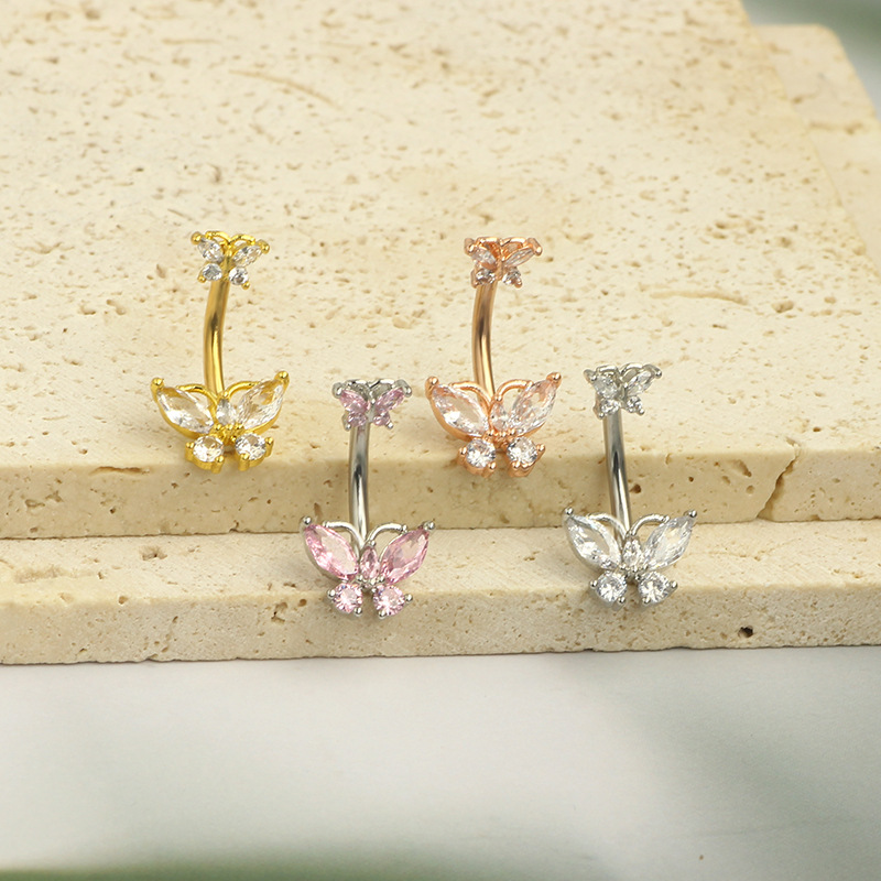 New Stainless Steel CZ Butterfly Navel Ring - Silver Pink Zircon Belly Button Ring for Women - Image 3