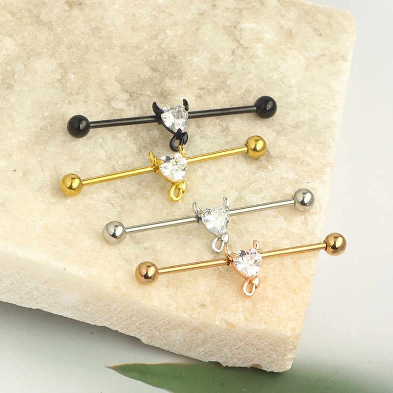 Heart Shaped CZ Stainless Steel Long Bar Earrings for Cartilage and Ear Lobe Piercing - Image 3
