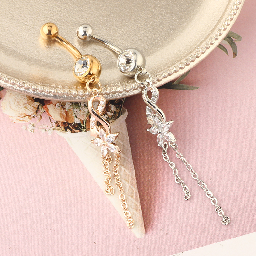 Rose Gold Zircon Flower Belly Button Ring 316L Surgical Steel Navel Piercing Jewelry - Image 3