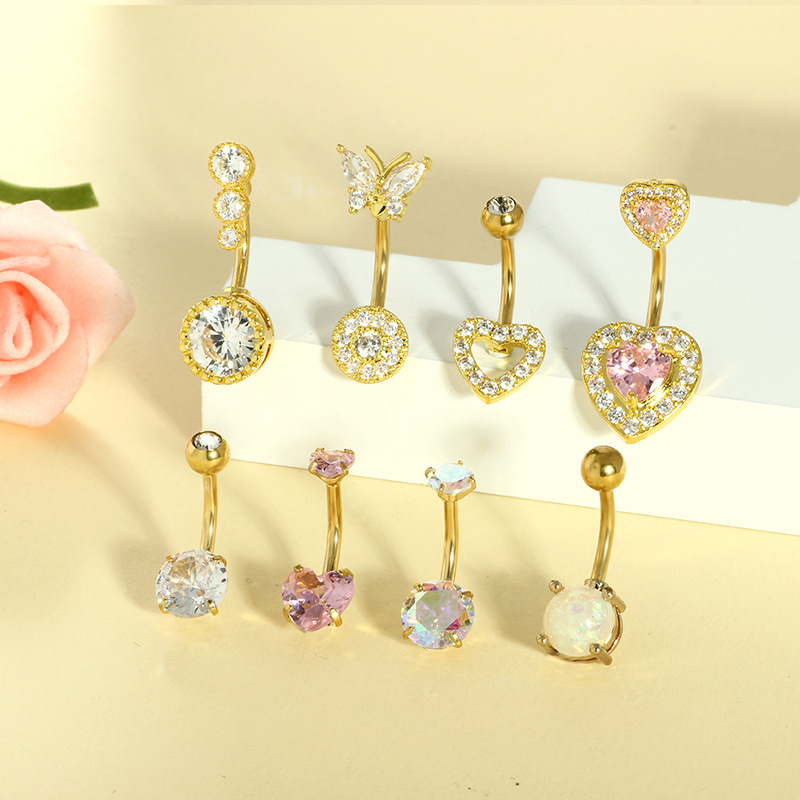Heart-Shaped Belly Ring Set – 8-Piece 316L Surgical Steel CZ Belly Button Rings for Women - Image 3