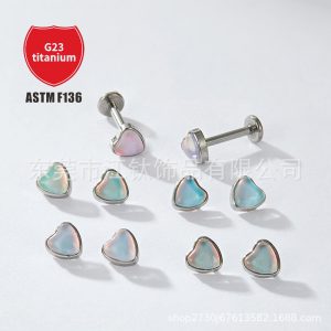 Jiangtitanium F136 Titanium Ear Bone Nail Heart Glass Glossy G23 Titanium Alloy Body Piercing Jewelry Ear Nail