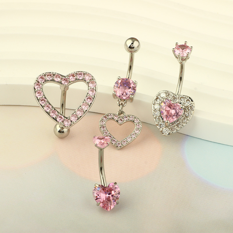 Peach Heart Zircon Belly Button Ring - 316L Surgical Steel Love Belly Ring for Women Men Hip Hop Style - Image 2