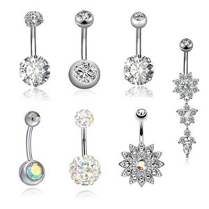 AB Opal 7-Piece Belly Button Ring Set Navel Jewelry Stainless Steel Zircon Flower Dangle
