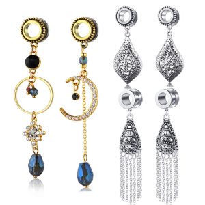 Star Moon Water Drop Tassel Auricle Stainless Steel Hollow Ear Expander Thread Expander Earrings