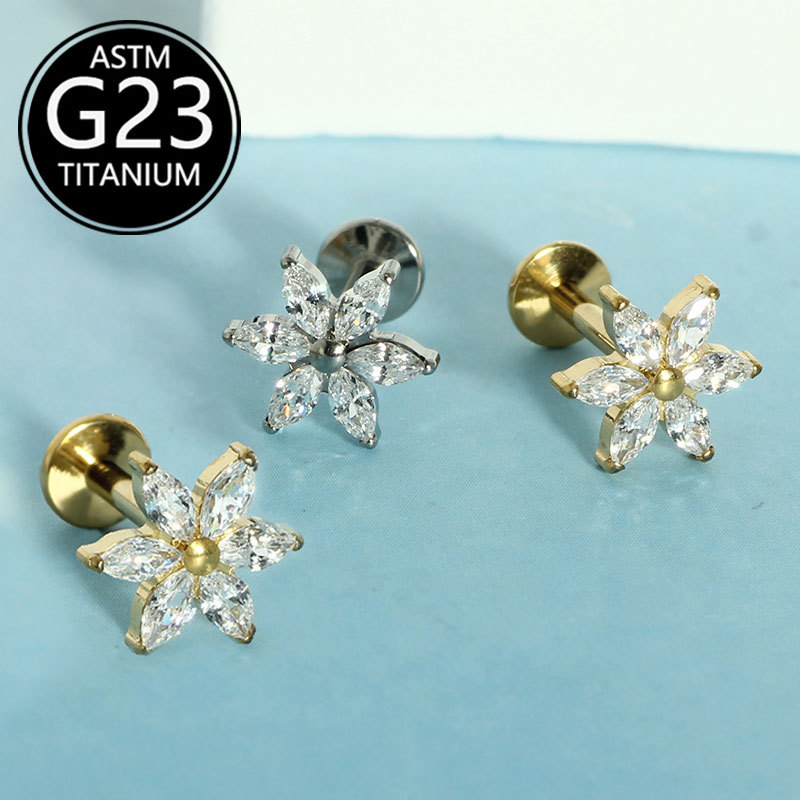 G23 Titanium Inlaid Zircon Flower Labret Stud Lip Piercing Jewelry Internally Threaded - Image 3