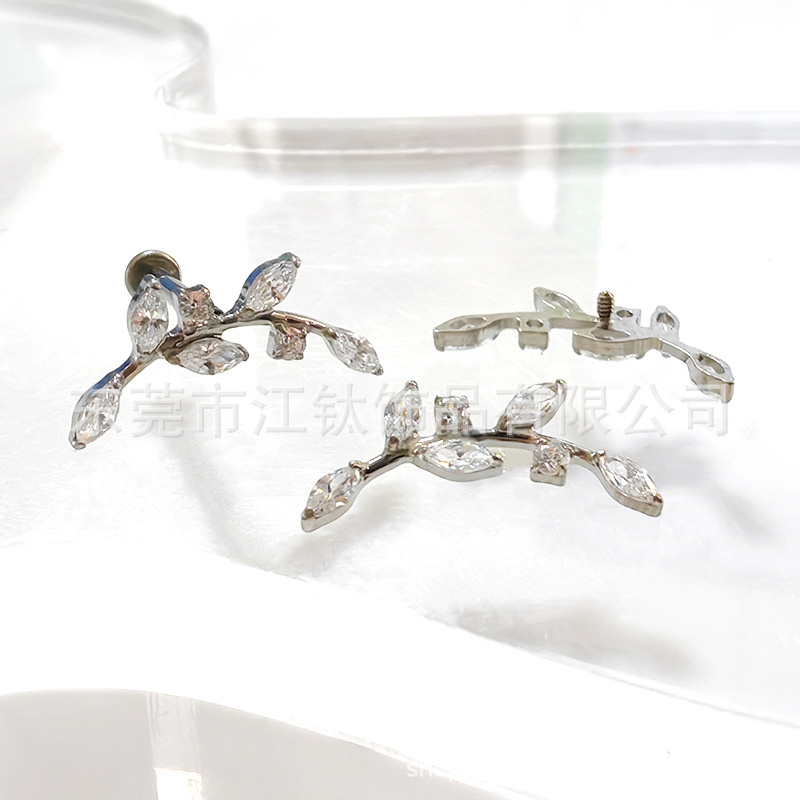 G23 Titanium Alloy Ear Cartilage Stud Leaf Shape with Zircon Gold Earring for Women Men - Image 2