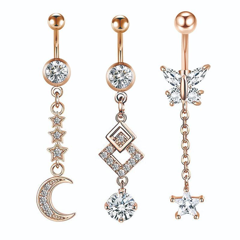 European American Style Golden Zircon Shambhala Rhinestone Belly Button Ring 3-Piece Set - Stainless Steel - Image 4