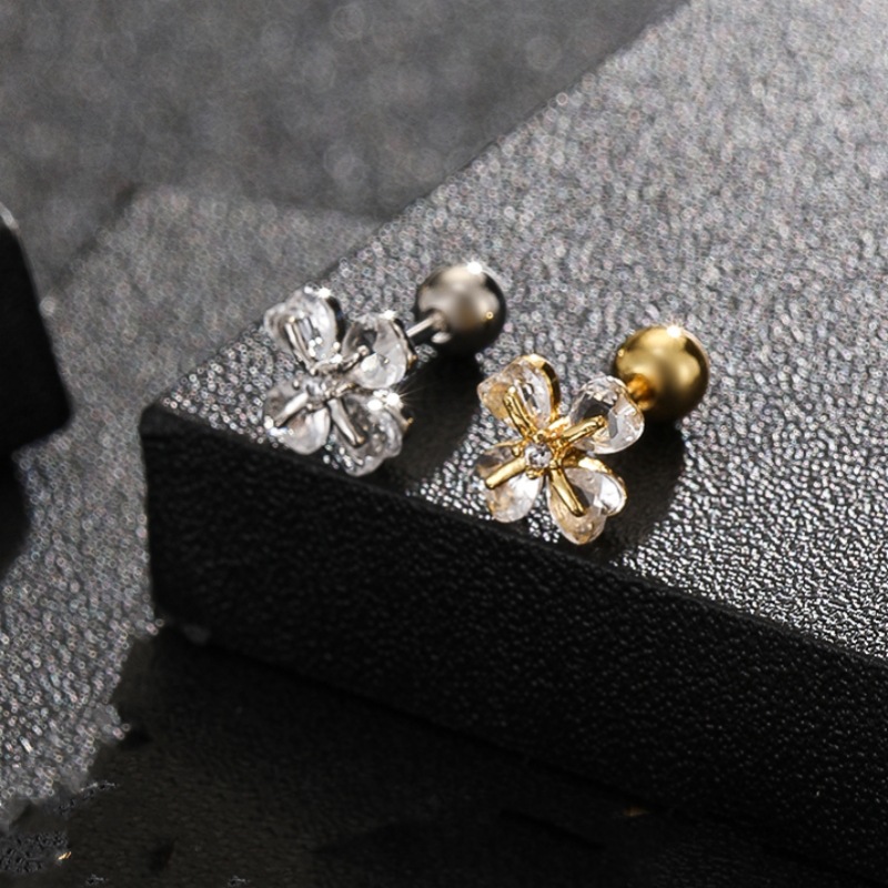 18K Gold Plated Four-Leaf Clover Colorful Ear Piercing Earrings Cartilage Stud Micro-Setting Soft Ear Bone Jewelry - Image 4