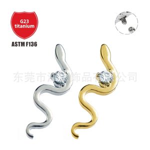 Gold Snake-Shaped Ear Bone Nail with CZ Stone G23 Titanium Alloy Body Piercing Earring