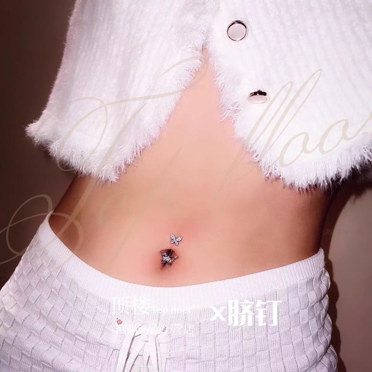 Gold Double Butterfly Navel Ring with Full CZ Stones, Sweet & Spicy Style, Wholesale Belly Ring - Image 4