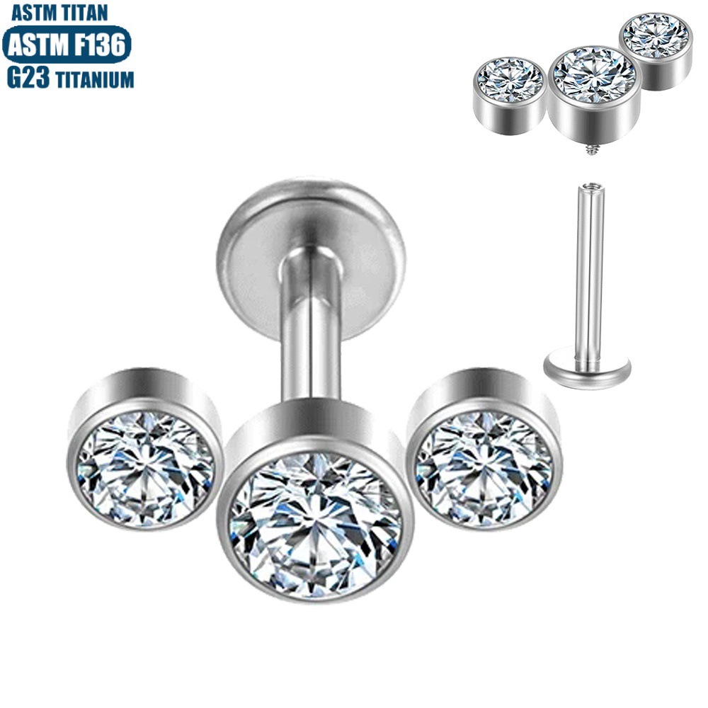 F136 Titanium Lip Stud Piercing with 3 Zircon Ear Bone Ring Internal Thread Teardrop Small Ear Stud Women Earrings - Image 2