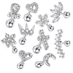 10-Piece Set CZ Flower Women's Ear Bone Nail Screw Earrings Piercing Jewelry Ear Studs Lip Nail Lip Ring Body Piercing