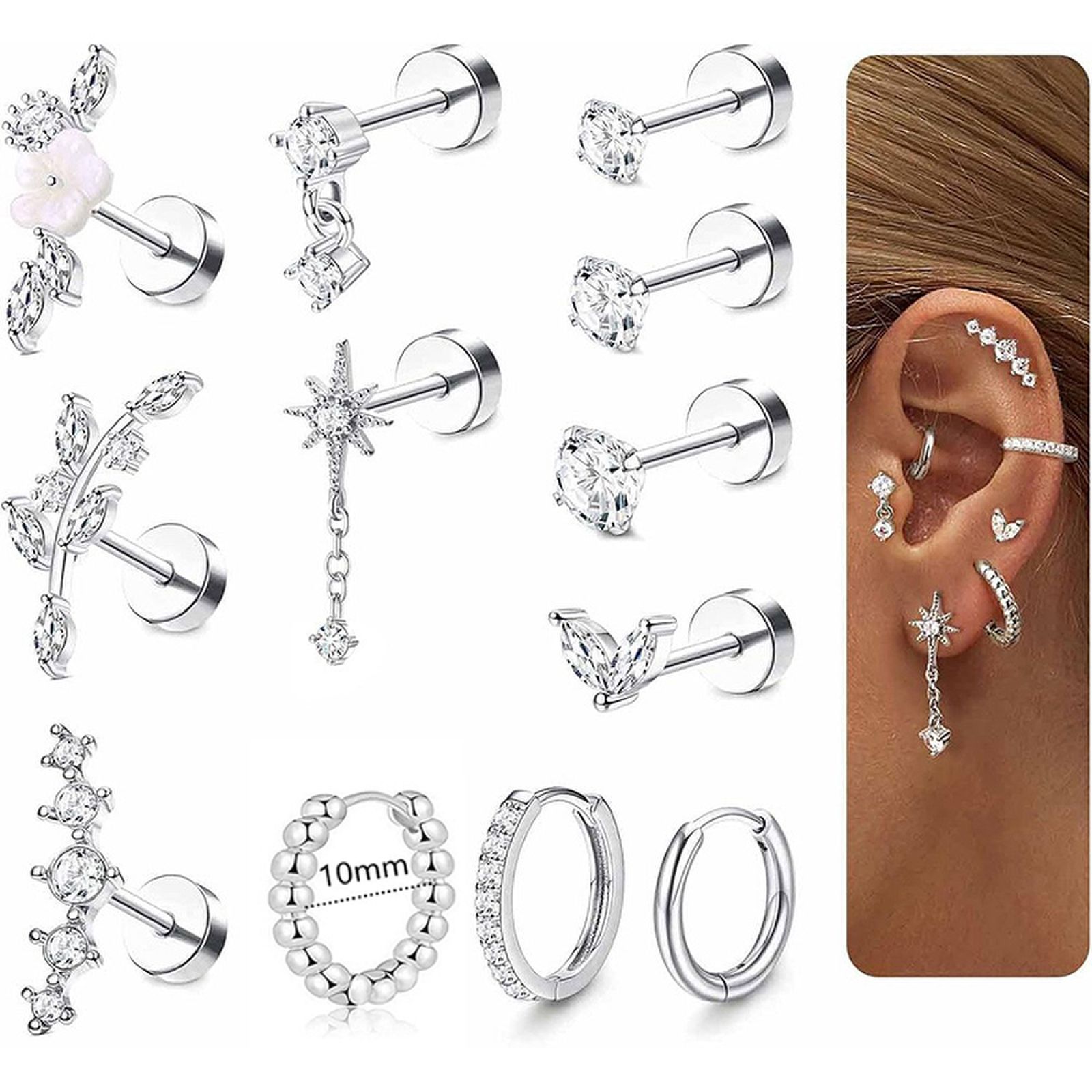 12-Piece Gold Stainless Steel Star Diamond CZ Earring Set - Cartilage Studs & Hoops - Image 2
