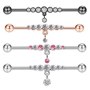 14G Industrial Barbell Earring Star Piercing Jewelry Rose Gold White Crystal