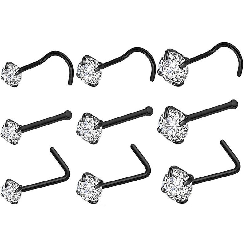 Zircon Nose Stud Nose Ring Earrings Stainless Steel Black L-Shape Nose Pin Geometric Piercing Jewelry - Image 3