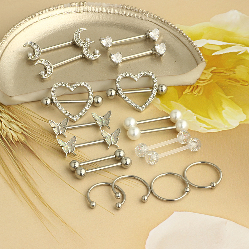 Stainless Steel Zircon Heart Breast Nipple Ring Set - 18K Gold Plated Body Piercing Jewelry for Women Men - Image 3