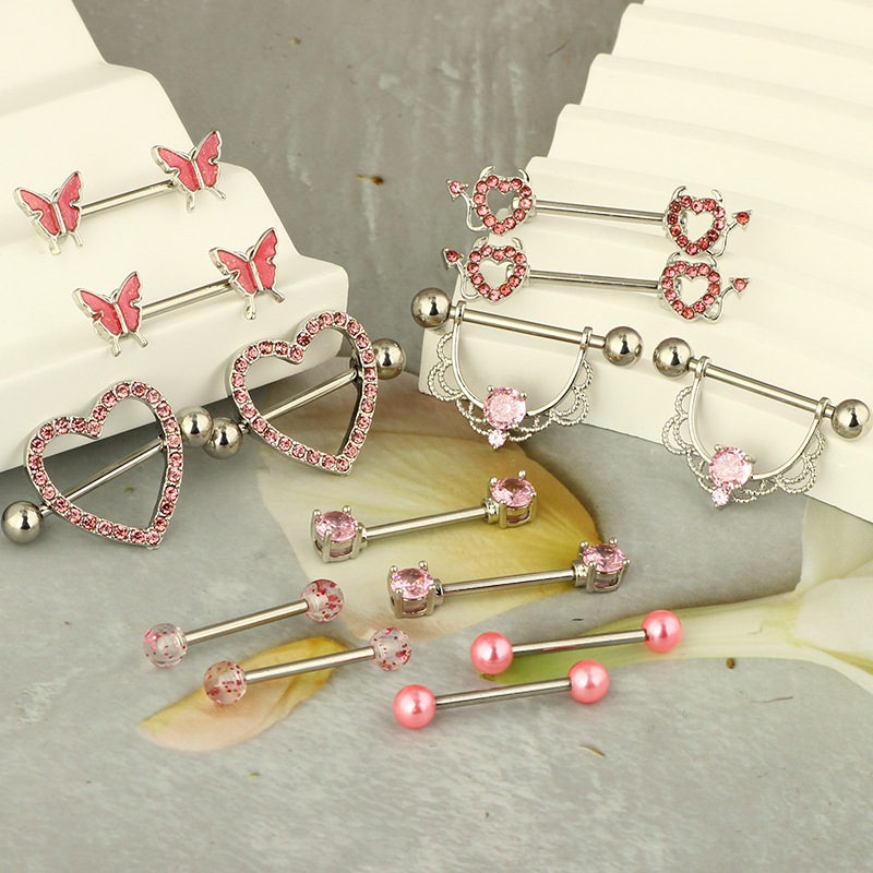 Stainless Steel Pink Series Zircon Breast Ring Love Moon Breast Nail Body Piercing Jewelry Wholesale - Image 3