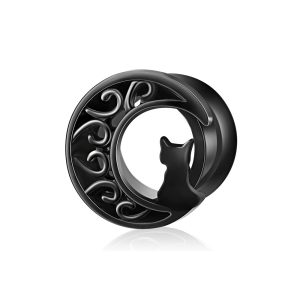 Black Cat on the Moon Stainless Steel Double Horn Ear Expander - 16mm Cartilage Earring