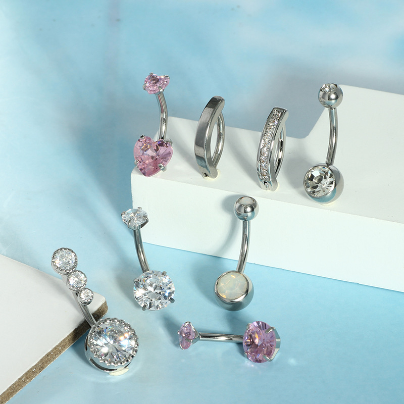 8Pcs Stainless Steel Navel Ring Set Heart Peach Crystal Belly Button Piercing Jewelry - Image 4